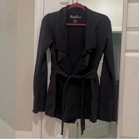 Lucky Brand raw hem open front Terry knit belted cardigan sweatshirt - Picture 3 of 13